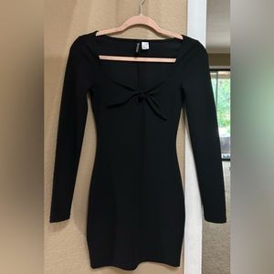 Black long sleeve bodycon dress with tie in front